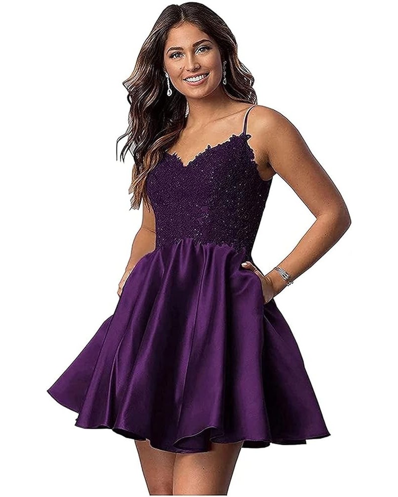 Lace Satin Homecoming Dresses for Women Teens Spaghetti Strap Short Prom Dress Cocktail Party Gowns with Pockets Grape $31.34...