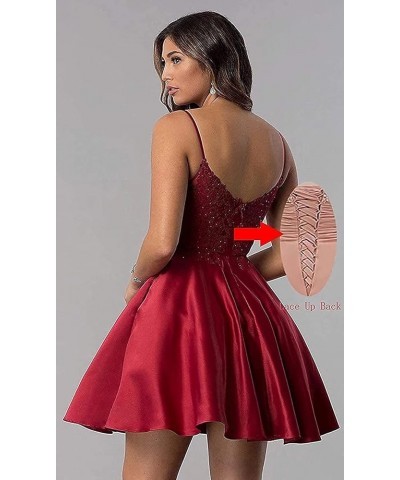 Lace Satin Homecoming Dresses for Women Teens Spaghetti Strap Short Prom Dress Cocktail Party Gowns with Pockets Grape $31.34...