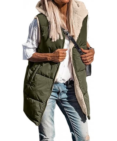 Long Puffer Vest for Women Sleeveless Reversible Fleece Sherpa Jacket Thicked Warm Down Vest Hooded Winter Coat Army Green $1...