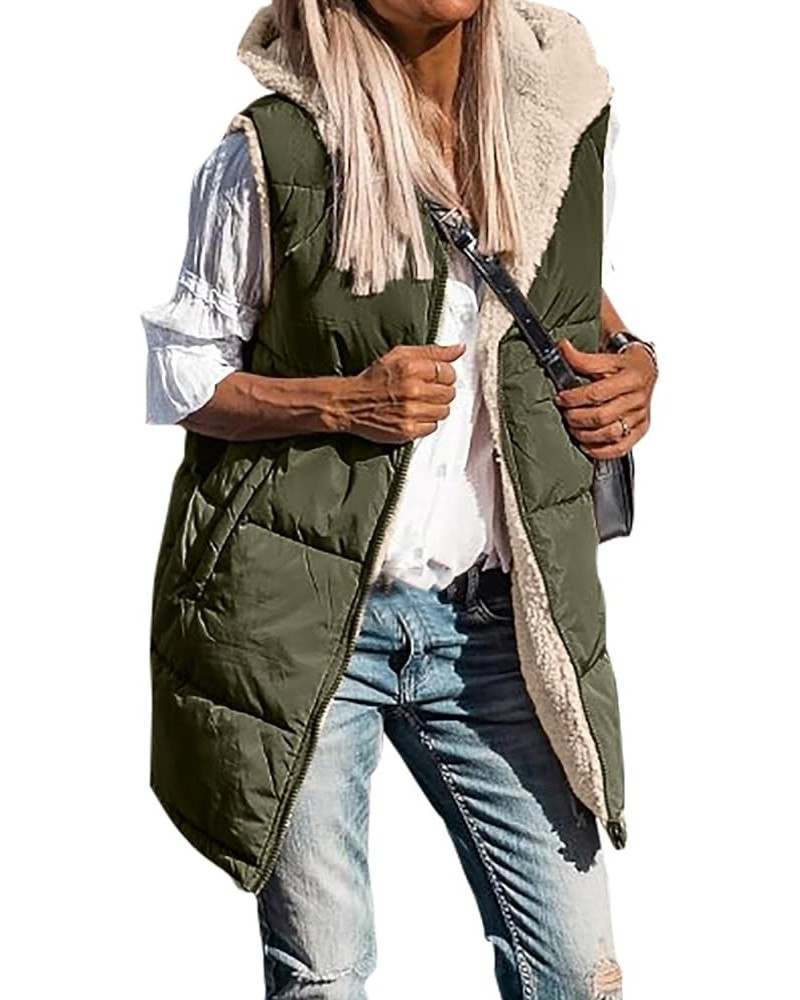 Long Puffer Vest for Women Sleeveless Reversible Fleece Sherpa Jacket Thicked Warm Down Vest Hooded Winter Coat Army Green $1...