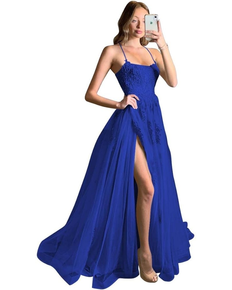 Women's Lace Criss-Cross Prom Dresses 2023 with Slit Spaghetti Straps Long Formal Evening Gowns YZTS058 Royal Blue $35.70 Dre...