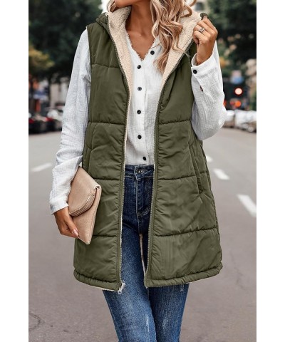 Long Puffer Vest for Women Sleeveless Reversible Fleece Sherpa Jacket Thicked Warm Down Vest Hooded Winter Coat Army Green $1...