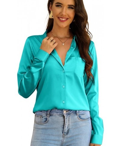 Women Elegant Satin Blouses Shirts, Soft Silk Shirts Top, Satin Button Down Shirts, Office Long Sleeve Blouse Shirt Cyan $19....