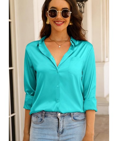 Women Elegant Satin Blouses Shirts, Soft Silk Shirts Top, Satin Button Down Shirts, Office Long Sleeve Blouse Shirt Cyan $19....