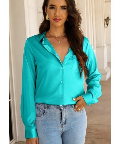 Women Elegant Satin Blouses Shirts, Soft Silk Shirts Top, Satin Button Down Shirts, Office Long Sleeve Blouse Shirt Cyan $19....