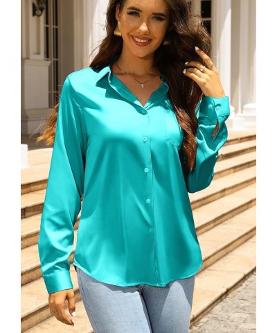 Women Elegant Satin Blouses Shirts, Soft Silk Shirts Top, Satin Button Down Shirts, Office Long Sleeve Blouse Shirt Cyan $19....