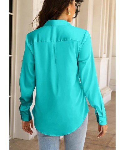 Women Elegant Satin Blouses Shirts, Soft Silk Shirts Top, Satin Button Down Shirts, Office Long Sleeve Blouse Shirt Cyan $19....