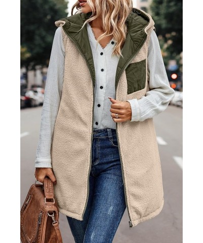 Long Puffer Vest for Women Sleeveless Reversible Fleece Sherpa Jacket Thicked Warm Down Vest Hooded Winter Coat Army Green $1...