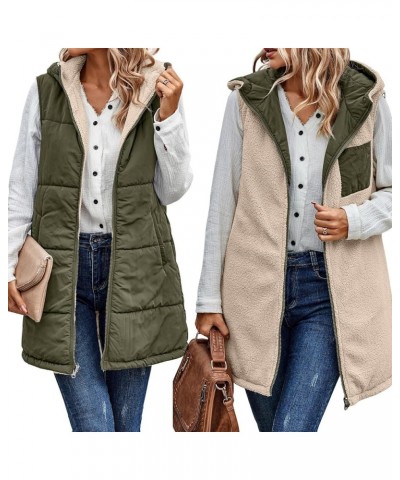 Long Puffer Vest for Women Sleeveless Reversible Fleece Sherpa Jacket Thicked Warm Down Vest Hooded Winter Coat Army Green $1...