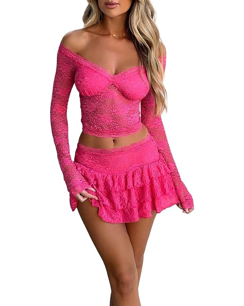 Women Sexy 2 Piece Ruffle Mini Skirt Set Lace Sheer Long Sleeve Crop Top and Frilly Pleated Mini Skirt Clubwear A-pink $10.70...