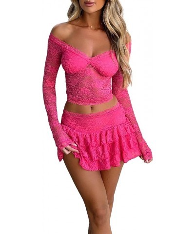 Women Sexy 2 Piece Ruffle Mini Skirt Set Lace Sheer Long Sleeve Crop Top and Frilly Pleated Mini Skirt Clubwear A-pink $10.70...