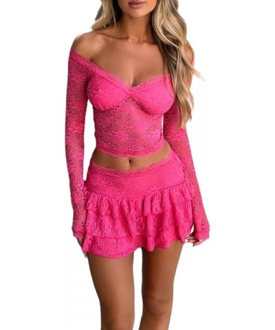 Women Sexy 2 Piece Ruffle Mini Skirt Set Lace Sheer Long Sleeve Crop Top and Frilly Pleated Mini Skirt Clubwear A-pink $10.70...