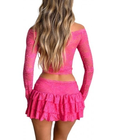 Women Sexy 2 Piece Ruffle Mini Skirt Set Lace Sheer Long Sleeve Crop Top and Frilly Pleated Mini Skirt Clubwear A-pink $10.70...