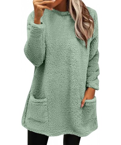 Winter Long Sleeve Fuzzy Sweater for Women Casual Sherpa Fleece Crew Neck Loose Soft Pullover Jumper Tops with Pocket Light G...