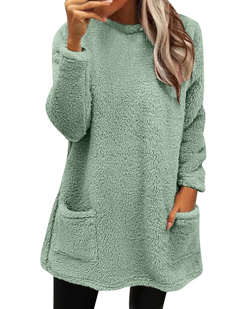 Winter Long Sleeve Fuzzy Sweater for Women Casual Sherpa Fleece Crew Neck Loose Soft Pullover Jumper Tops with Pocket Light G...