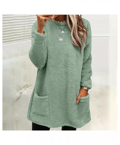 Winter Long Sleeve Fuzzy Sweater for Women Casual Sherpa Fleece Crew Neck Loose Soft Pullover Jumper Tops with Pocket Light G...