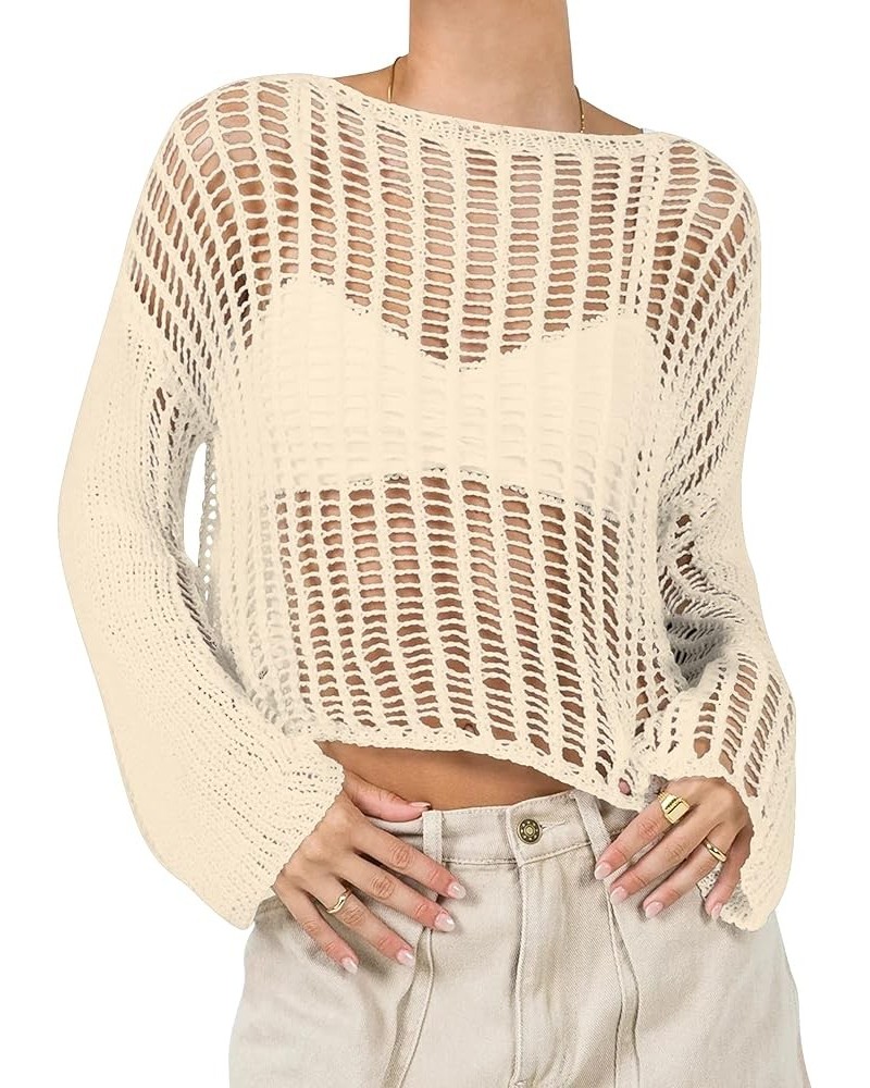 Women Hollow Out Crochet Knit Crop Top See Through Long Sleeve Fishnet Crop Shirt Sexy Smock Pullover Cover Up Light Khaki $9...