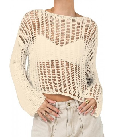 Women Hollow Out Crochet Knit Crop Top See Through Long Sleeve Fishnet Crop Shirt Sexy Smock Pullover Cover Up Light Khaki $9...