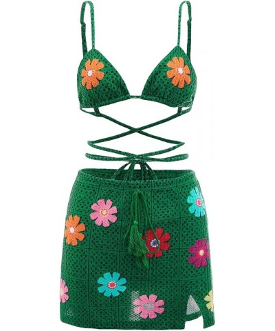 Women's 2 Piece Outfit Floral Print Criss Cross Tie Back Crop Cami Top and Slit Hem Skirt Set Dark Green $9.17 Suits