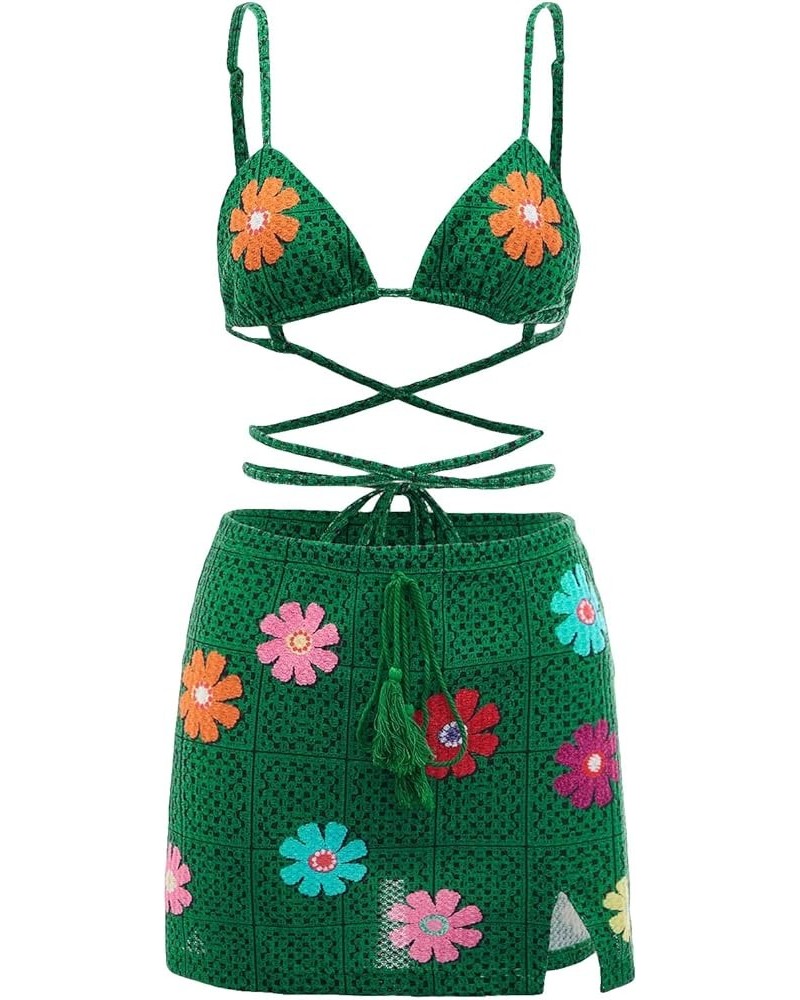 Women's 2 Piece Outfit Floral Print Criss Cross Tie Back Crop Cami Top and Slit Hem Skirt Set Dark Green $9.17 Suits