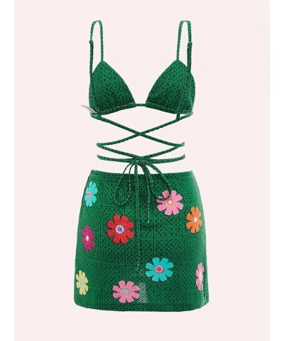 Women's 2 Piece Outfit Floral Print Criss Cross Tie Back Crop Cami Top and Slit Hem Skirt Set Dark Green $9.17 Suits