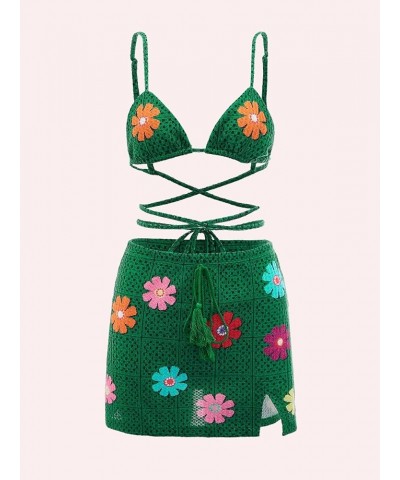 Women's 2 Piece Outfit Floral Print Criss Cross Tie Back Crop Cami Top and Slit Hem Skirt Set Dark Green $9.17 Suits