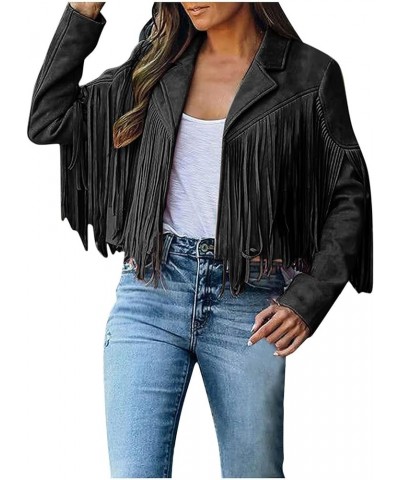 Womens Casual Vintage Cropped Jacket Cowboy Style Long Sleeve Fringe Coat Faux Suede Leather Motorcycle Jackets Tops 9 black ...