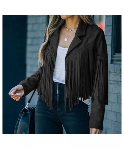 Womens Casual Vintage Cropped Jacket Cowboy Style Long Sleeve Fringe Coat Faux Suede Leather Motorcycle Jackets Tops 9 black ...