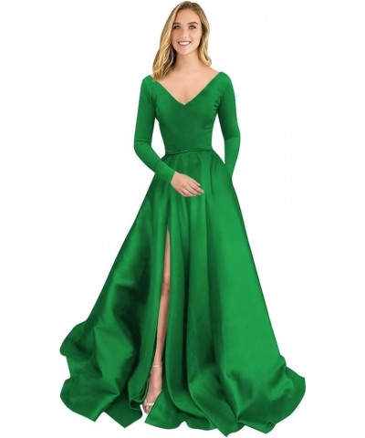 Long Sleeve Velvet Prom Dresses V Neck A-Line Formal Gowns Satin Evening Dress with Pockets Green $37.40 Dresses