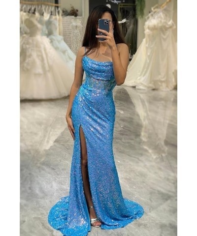 Sequin Mermaid Prom Dress Long Cowl Neck Spaghetti Straps Evening Gowns with Slit Appliques Black $27.95 Dresses