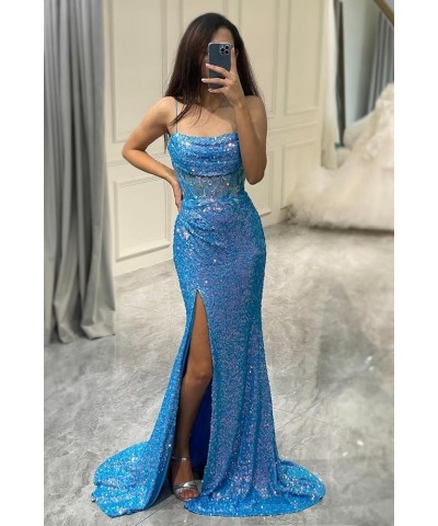 Sequin Mermaid Prom Dress Long Cowl Neck Spaghetti Straps Evening Gowns with Slit Appliques Black $27.95 Dresses