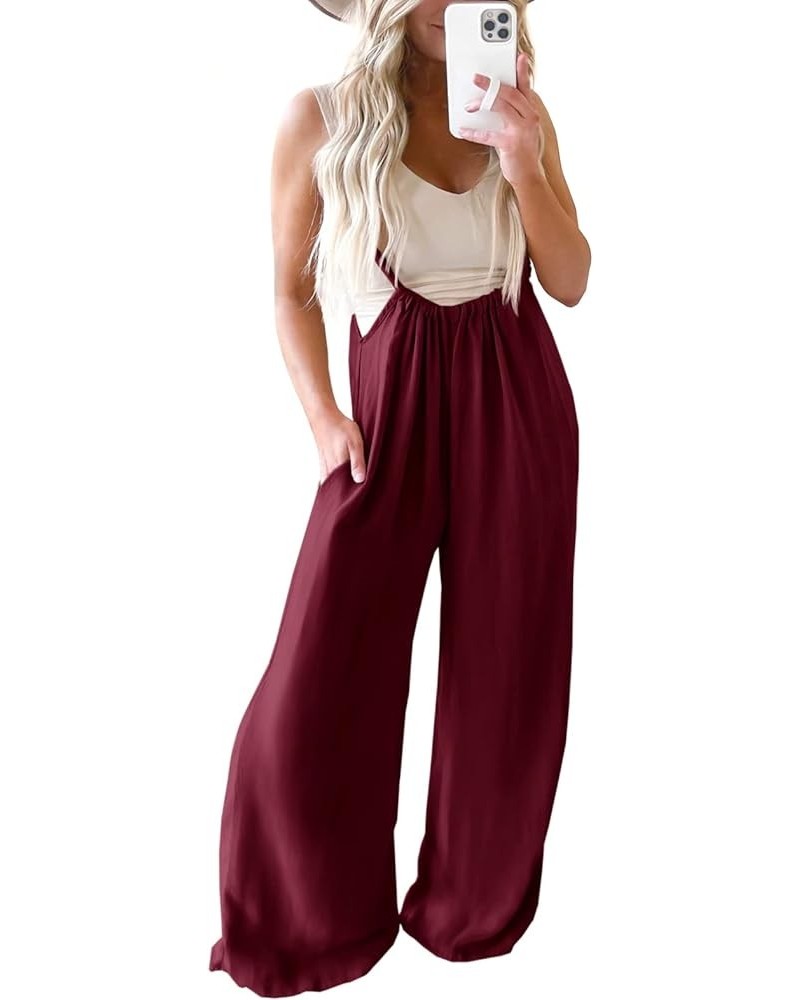 Womens Sleeveless Suspender Overalls Solid Baggy Wide Leg Long Pant Romper with Pockets Wine Red $17.33 Overalls