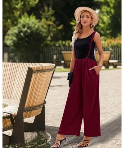 Womens Sleeveless Suspender Overalls Solid Baggy Wide Leg Long Pant Romper with Pockets Wine Red $17.33 Overalls