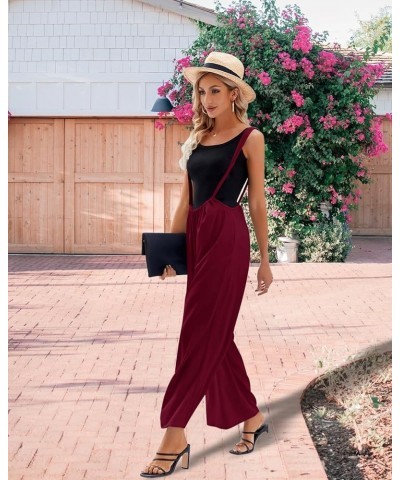 Womens Sleeveless Suspender Overalls Solid Baggy Wide Leg Long Pant Romper with Pockets Wine Red $17.33 Overalls