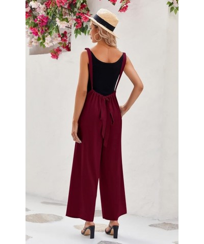 Womens Sleeveless Suspender Overalls Solid Baggy Wide Leg Long Pant Romper with Pockets Wine Red $17.33 Overalls