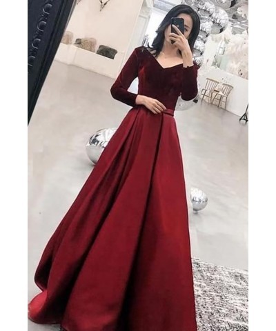 Long Sleeve Velvet Prom Dresses V Neck A-Line Formal Gowns Satin Evening Dress with Pockets Green $37.40 Dresses