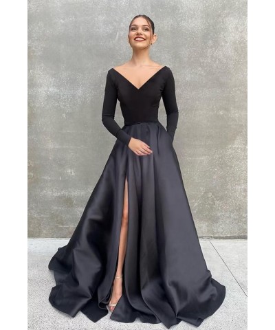 Long Sleeve Velvet Prom Dresses V Neck A-Line Formal Gowns Satin Evening Dress with Pockets Green $37.40 Dresses