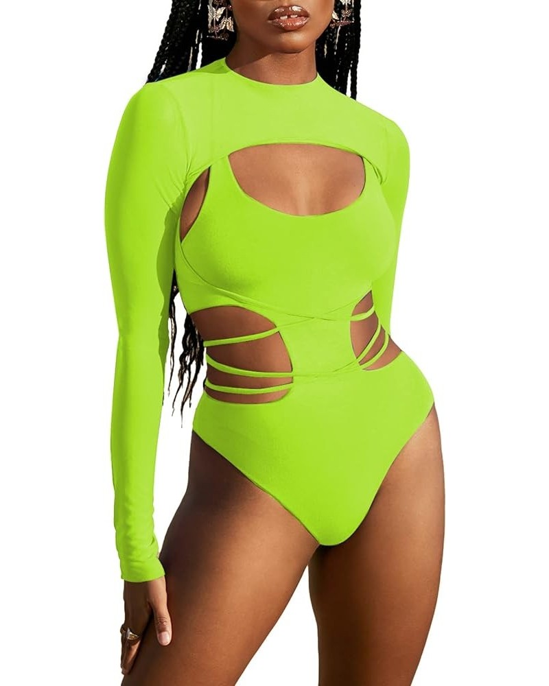 Women's Cut Out One Piece Swimsuit with Long Sleeve Mesh Cover Up Shirts Green $13.99 Swimsuits