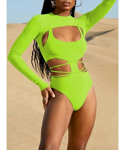 Women's Cut Out One Piece Swimsuit with Long Sleeve Mesh Cover Up Shirts Green $13.99 Swimsuits