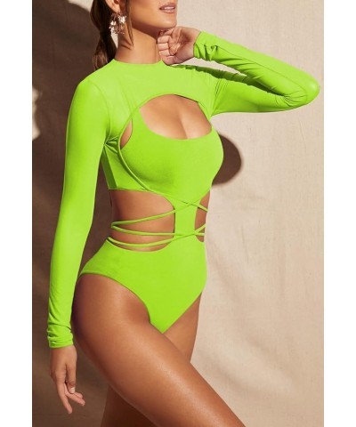 Women's Cut Out One Piece Swimsuit with Long Sleeve Mesh Cover Up Shirts Green $13.99 Swimsuits