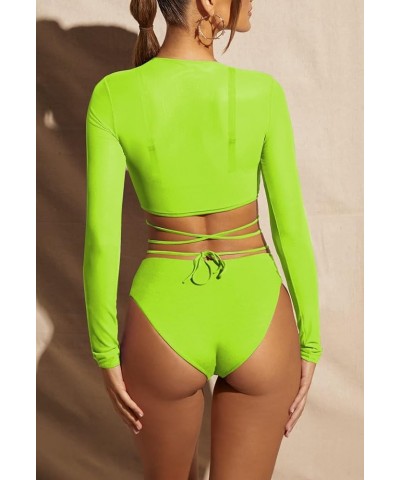 Women's Cut Out One Piece Swimsuit with Long Sleeve Mesh Cover Up Shirts Green $13.99 Swimsuits