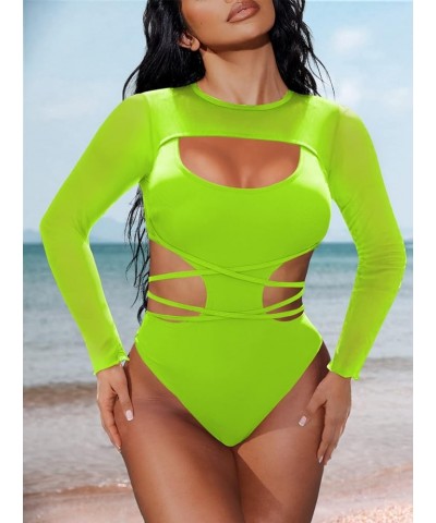 Women's Cut Out One Piece Swimsuit with Long Sleeve Mesh Cover Up Shirts Green $13.99 Swimsuits