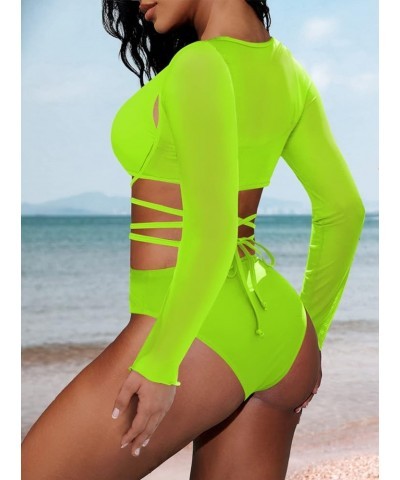 Women's Cut Out One Piece Swimsuit with Long Sleeve Mesh Cover Up Shirts Green $13.99 Swimsuits