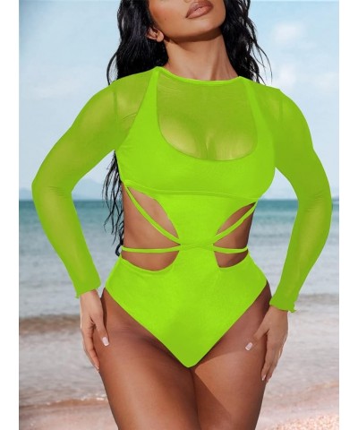 Women's Cut Out One Piece Swimsuit with Long Sleeve Mesh Cover Up Shirts Green $13.99 Swimsuits