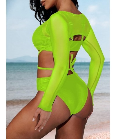 Women's Cut Out One Piece Swimsuit with Long Sleeve Mesh Cover Up Shirts Green $13.99 Swimsuits