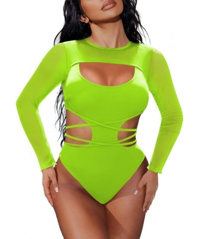 Women's Cut Out One Piece Swimsuit with Long Sleeve Mesh Cover Up Shirts Green $13.99 Swimsuits