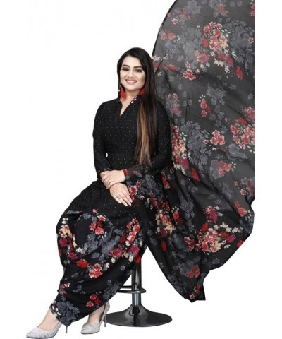 Readymade Blk Punjabi Salwar Suit of Printed Crepe Fabric with Chiffon Dupatta for Women Black -14 $22.20 Suits