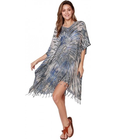 Tie Dye Beachwear Bathing Suit Cover Ups Fringe Bottom Women Poncho Swimwear Sleeve Coverups Blue Grey $14.70 Swimsuits