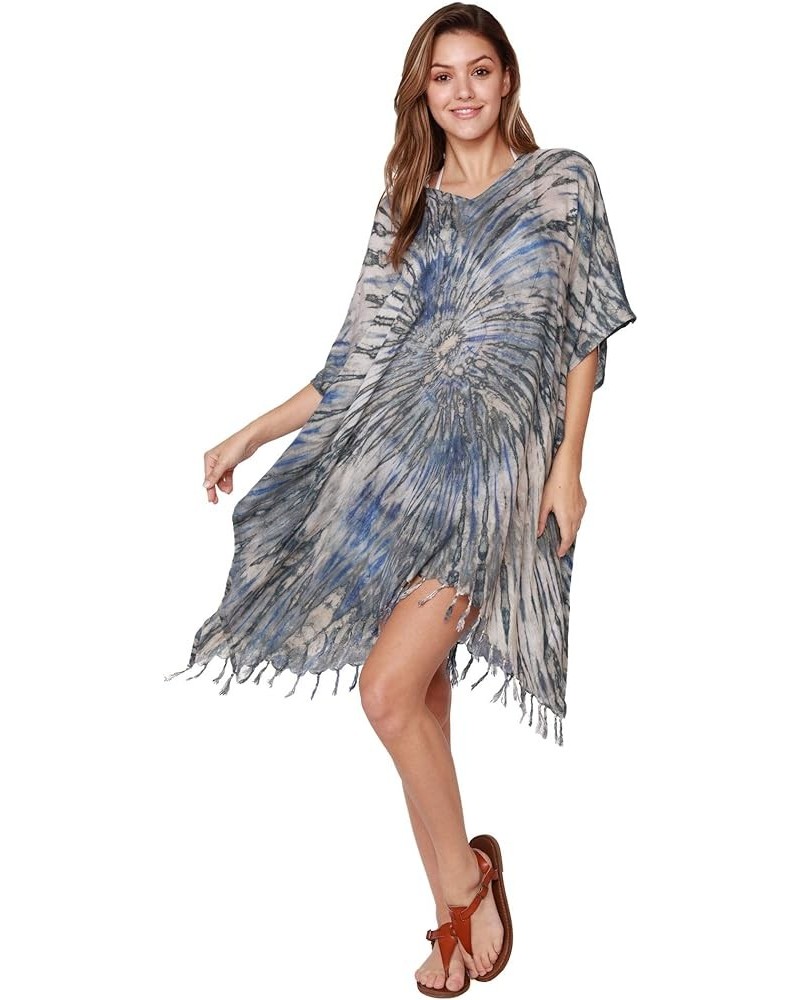 Tie Dye Beachwear Bathing Suit Cover Ups Fringe Bottom Women Poncho Swimwear Sleeve Coverups Blue Grey $14.70 Swimsuits