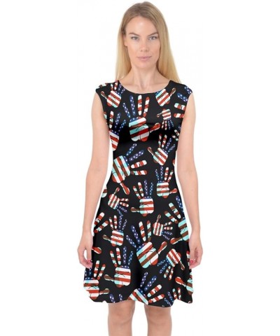 Womens Vintage Patriotic USA Flag I Love America Designs & Halloween Prints Capsleeve Midi Dress Black Hands $7.94 Dresses